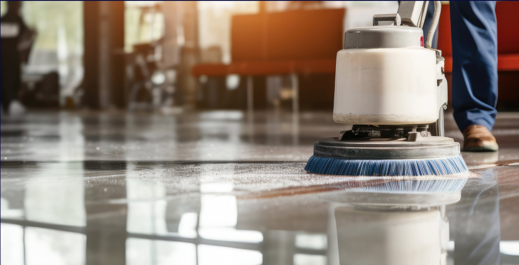 Professional floor scrubber polishing a commercial floor