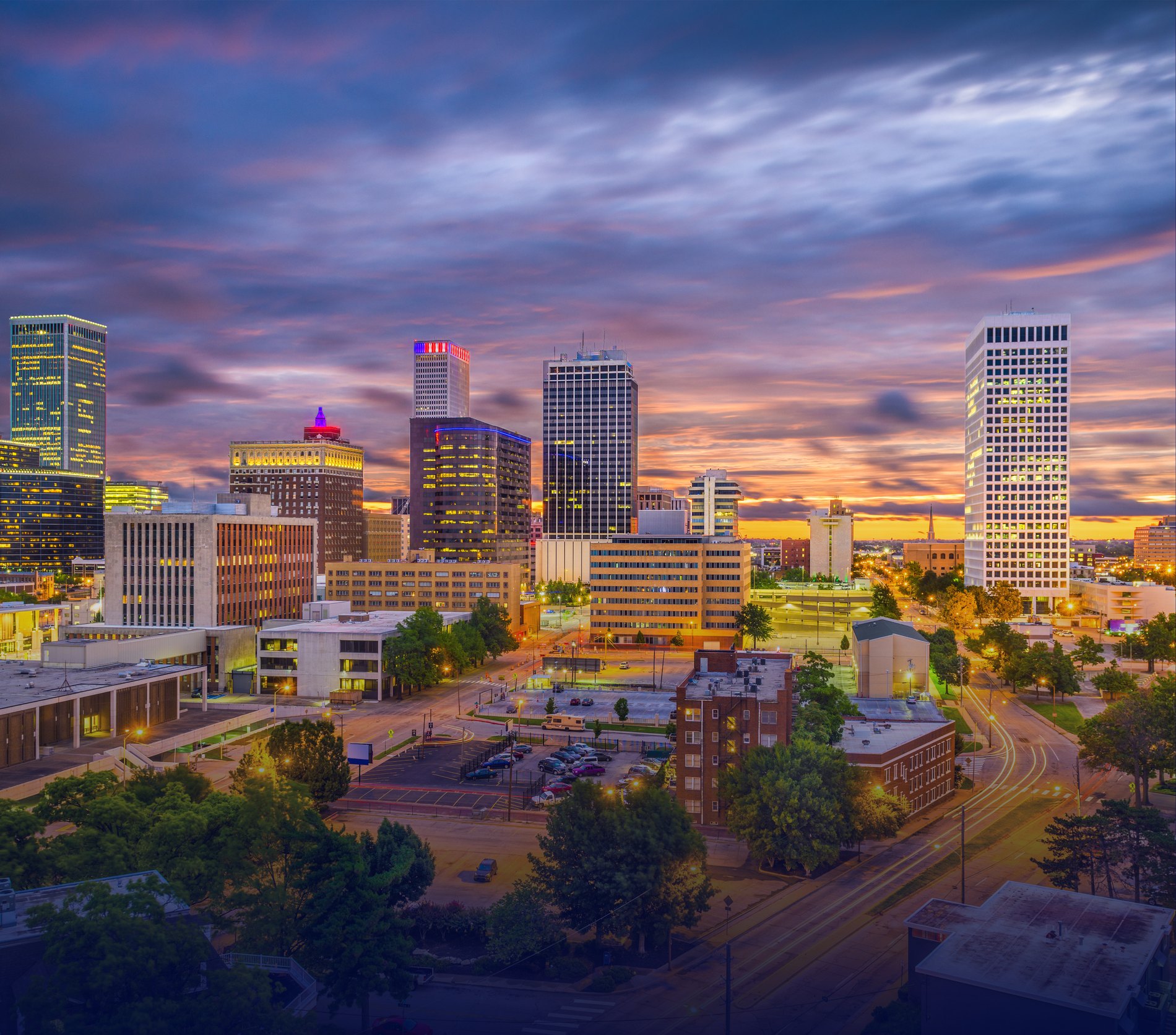 Downtown Tulsa skyline at dusk
