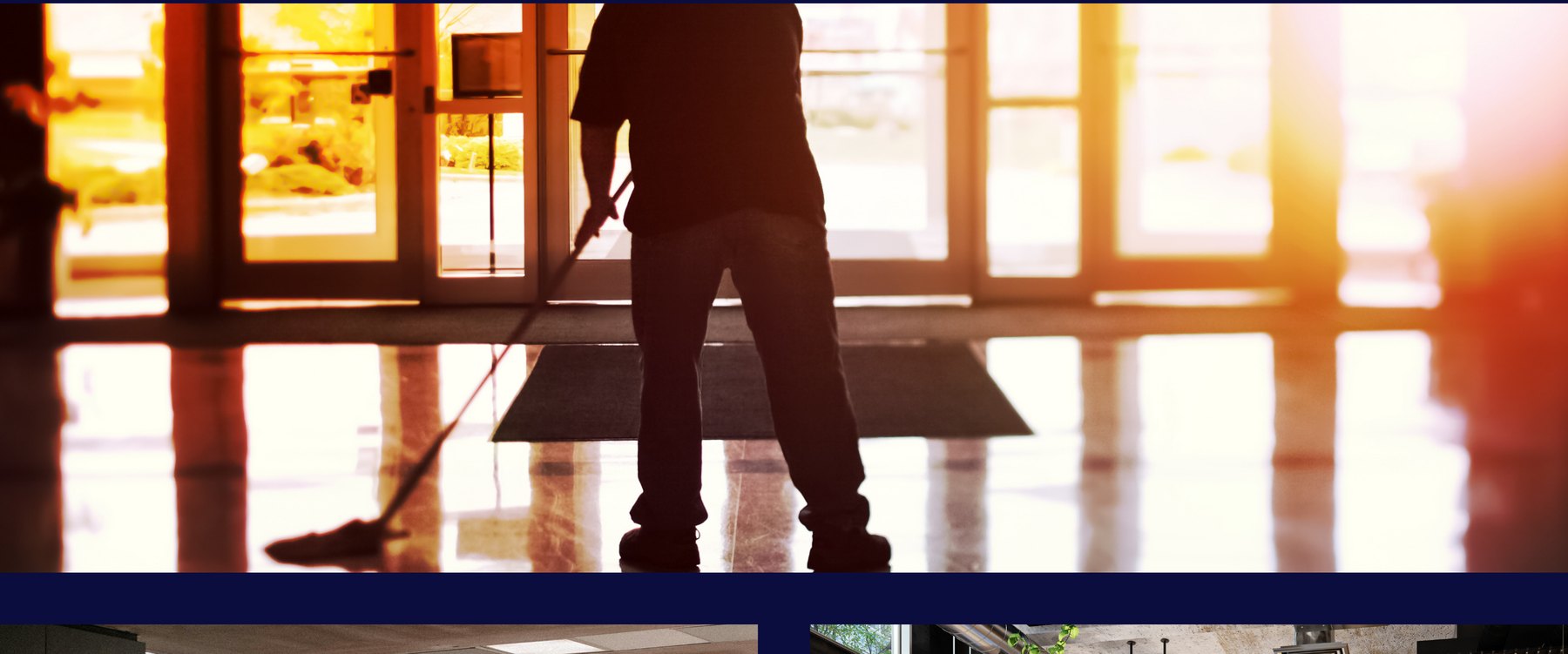 Commercial janitorial floor cleaning in a sunlit facility